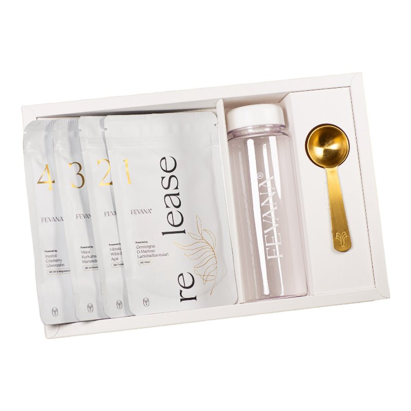 FEVANA Zyklus Box offen - 4 Pakete mit Flasche und Löffel - shopstartups